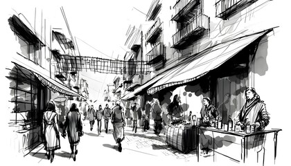 rough sketch of the old street market, Generative AI