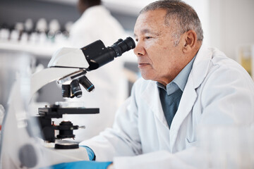 Science, laboratory and senior scientist with microscope for research, medical study and analytics. Healthcare, biotechnology and old man with sample for experiment, vaccine development and medicine