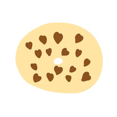 Donut ring in cartoon flat style. Chocolate hearths on a wheat base. Sweet bakery. Colorful candy for party and shop. Delicious sugary doughnut. Vector illustration isolated on white background.