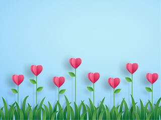 Pink origami flower in heart shape and grass on blue background in Valentine's card concept with text LOVE YOU. Vector illustration art design in paper cut style.