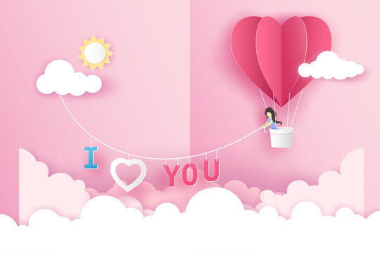 Lovely couple in origami pink and blue balloon heart flying on the sky over the cloud in Valentine's day. Vector illustration art design in paper pop up or paper cut style. 