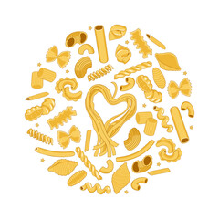 Round composition of pasta of different shapes isolate on a white background. Vector graphics.