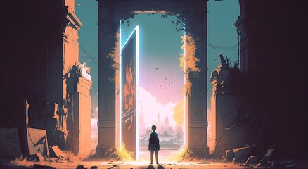 young boy standing in abandoned city looking at the magic gate with beautiful place, digital art style, illustration painting, Generative AI