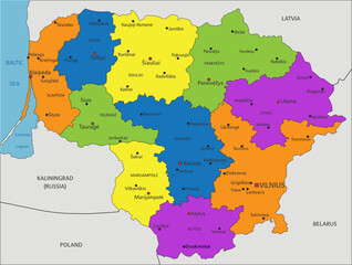 Colorful Lithuania political map with clearly labeled, separated layers. Vector illustration.