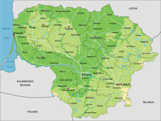 Highly detailed Lithuania physical map with labeling.
