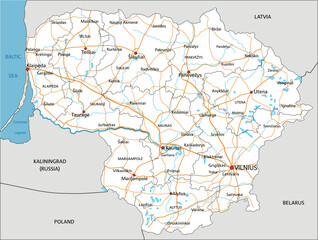 High detailed Lithuania road map with labeling.