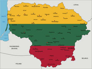 Lithuania highly detailed political map with national flag isolated on white background.
