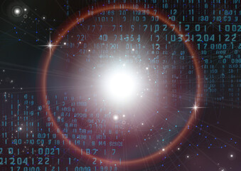 仮想現実のデジタル宇宙　太陽光のフレアとランダムな数字の羅列 © skyhigh.ring