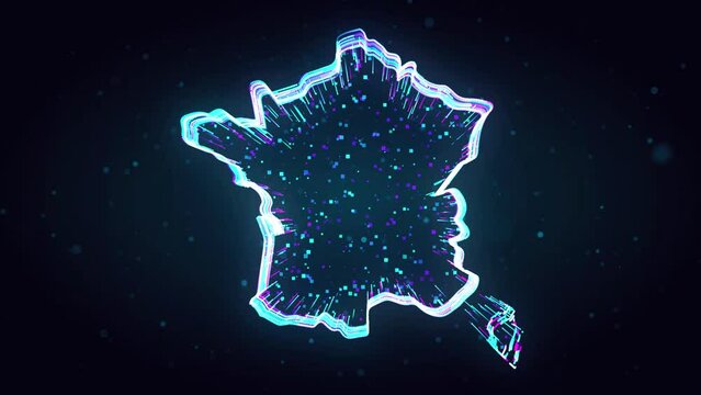 Blue Purple Shiny France Map 3d Lines Contour With Square Dots Particles Motion Reveal On Dark Bluish Glitter Dust , 5-15 Sec Seamless Loop
