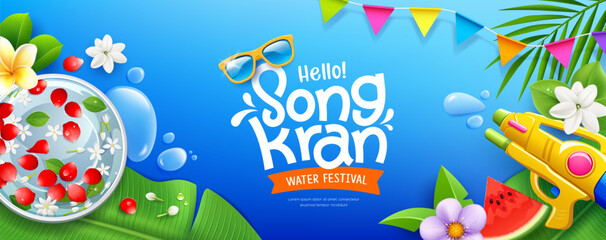 Songkran festival thailand, jasmine, water and flower in bowl, coconut leaf, banana leaf, gun water, water drop and flag banners poster design on blue background, Eps 10 vector illustration

