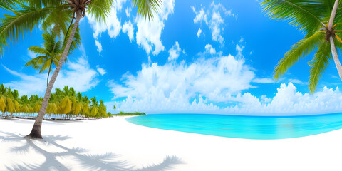 Beautiful sandy beach with white sand and rolling calm wave of turquoise ocean on Sunny day on background white clouds by Generative AI 