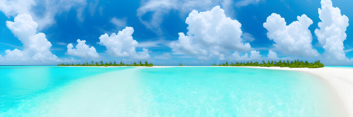 Beautiful sandy beach with white sand and rolling calm wave of turquoise ocean on Sunny day on background white clouds by Generative AI 
