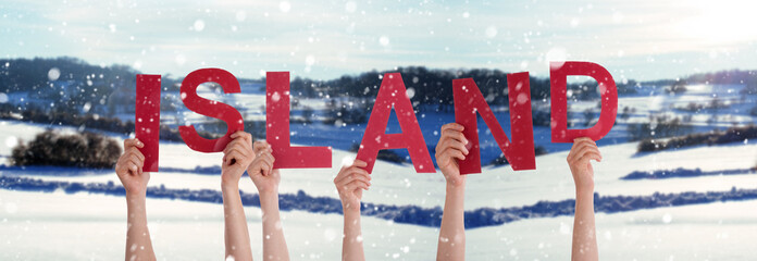 People Hands Building Word Island Means Iceland, Winter Background
