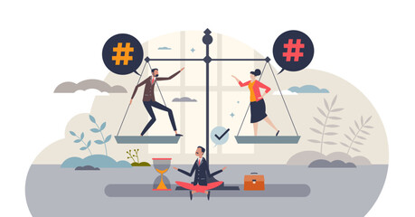 Conflict management process and discussion mediator job tiny person concept, transparent background. Professional confrontation comparison and psychological work for marriage divorce illustration.