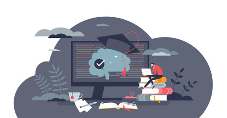 Education technology or edtech for online learning tiny person concept, transparent background. Digital academic course for university graduation and diploma illustration.