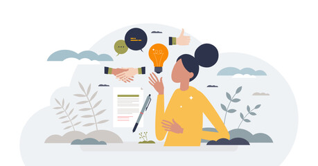 Soft skills as ability to successful communication tiny person concept, transparent background. Work project representation with competence, empathy and emotional intelligence illustration.