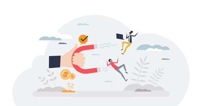 Talent retention or employee management with benefits tiny person concept, transparent background. Human resources magnet as financial salary growth for motivation illustration.