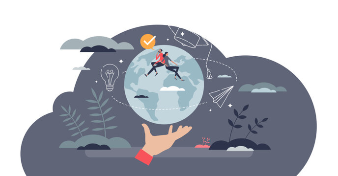 Global education and international knowledge learning tiny person concept, transparent background.Worldwide experience with distant university seminars or academic study illustration.