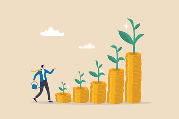 Saving growth, growing investment or earning profit, mutual fund, wealth accumulation or compound interest, pension fund prosperity concept, businessman watering growing coin stack seedling growth. - obrazy, fototapety, plakaty