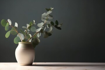A white vase with silver leaves sits on a wooden table. Generative AI
