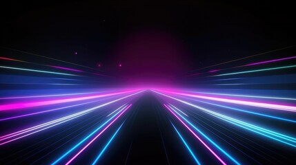 Fototapeta Speed motion on the neon glowing road at dark. Blue lights on the perspective road. Abstract colored light streaks acceleration. Perspective space gates. Generative AI. obraz