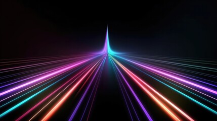 Speed motion on the neon glowing road at dark. Blue lights on the perspective road. Abstract colored light streaks acceleration. Perspective space gates. Generative AI.