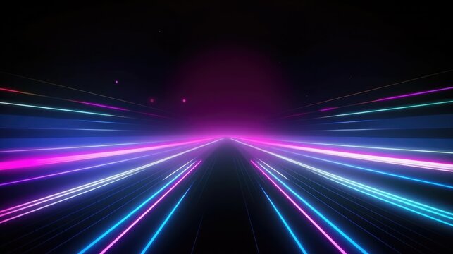 Speed motion on the neon glowing road at dark. Blue lights on the perspective road. Abstract colored light streaks acceleration. Perspective space gates. Generative AI.