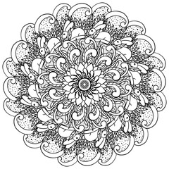 Mandala coloring page with Easter Bunny in leaves among ornate patterns
