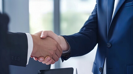 Businessman handshake for success deal in business merger and acquisition, development opportunity achievement as business partnership and consolidate. Generative AI
