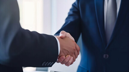 Businessman handshake for success deal in business merger and acquisition, development opportunity achievement as business partnership and consolidate. Generative AI
