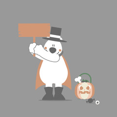 happy halloween holiday festival with polar bear holding blank sign and pumpkin, flat vector illustration cartoon character design