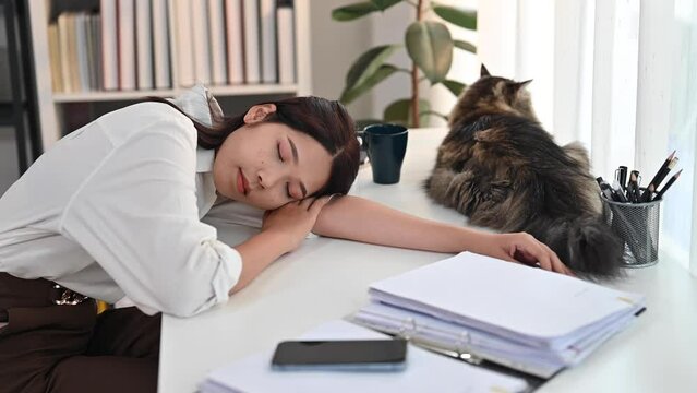 Tired young woman freelancer sleeping on working desk with document and cat. Sleep deprivation and overworking concept
