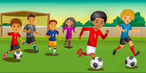 A group of mixed races children playing soccer - Generative AI