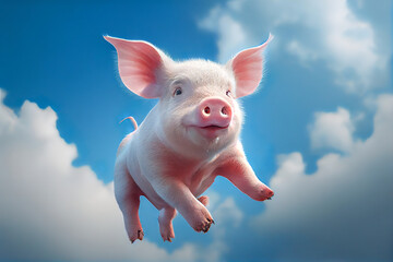 Animal creative concept on pastel blue sky with clouds background. Small baby domestic animal, cute baby pink pig flying, little piggy. Illustration, Generative AI.