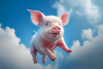 Fotobehang Animal creative concept on pastel blue sky with clouds background. Small baby domestic animal, cute baby pink pig flying, little piggy. Illustration, Generative AI. © Ljuba3dArt