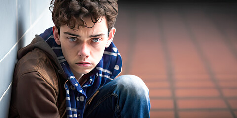 A sad and bullied teenager student, seated on the floor - Generative AI