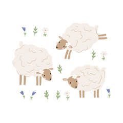 Cute sheep on farm - vector print. Vector illustration in flat style