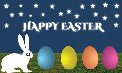 Easter bunny and colored eggs on a background of the starry sky