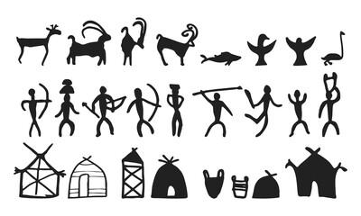 Cave painting prehistoric rock art hand drawn sketch style vector illustration set. Rock age cave paintings set with prehistoric wild animals, tribal people and village buildings.