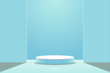 Obraz na płótnie Canvas Abstract blue white 3d cylinder podium or product display stand with vertical wall geometric shape backdrop. 3d vector rendering in studio room. design stage for promoting product, mockup or template.