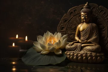 Foto op Canvas Buddha statue with Candle light, Buddha purnima Vesak day background. Generative ai © CYBERUSS