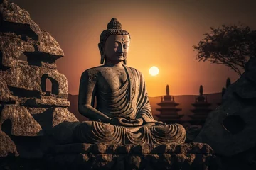 Zelfklevend Fotobehang Buddha statue on Sunset background, Buddha purnima Vesak day. Generative ai © CYBERUSS