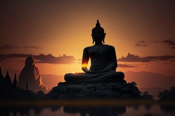 Buddha statue on Sunset background, Buddha purnima Vesak day. Generative ai