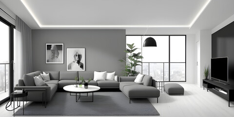Modern interior for an apartment living room with a panoramic view by Generative AI  