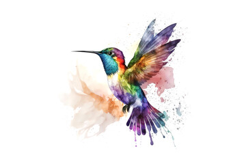 hummingbird draw with multicolored watercolor paints isolated on white background. Generated by AI