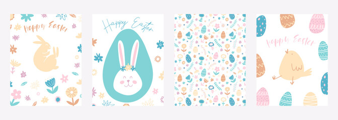 Set of Happy Easter greeting cards. Hand drawn colorful plants, bunny, chicken, eggs in modern minimalist style
