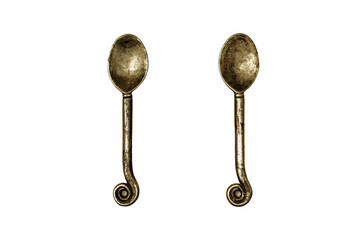 Ancient bronze handles wooden Cabinet in the form of spoons, isolated on a white background. Vintage cafe diner - detail close-up. Shabby retro style handles at the door in the kitchen