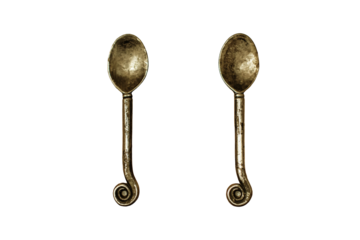 Ancient bronze handles wooden Cabinet in the form of spoons, isolated on a white background. Vintage cafe diner - detail close-up. Shabby retro style handles at the door in the kitchen