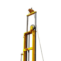 Rotating the winch of the drilling device Work on drilling wells, isolated on a white background. Drilling rig engineers geologists on a large car.