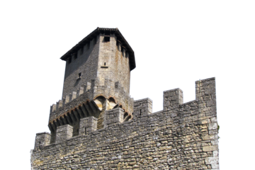 The loophole of the fortress in San Marino, isolated on a white background. Republic of San Marino in Italy, fortress wall.